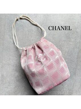 Chanel Draw String Pouch New Travel Line Nylon Pink Bag Handbag